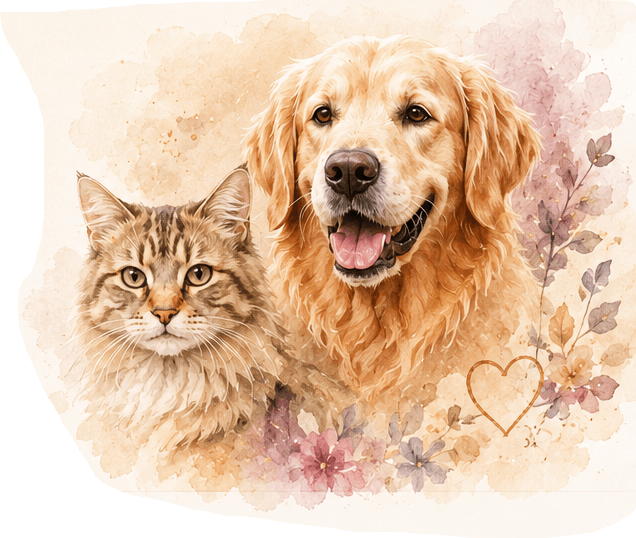 A golden retriever and tabby cat in a warm watercolor portrait