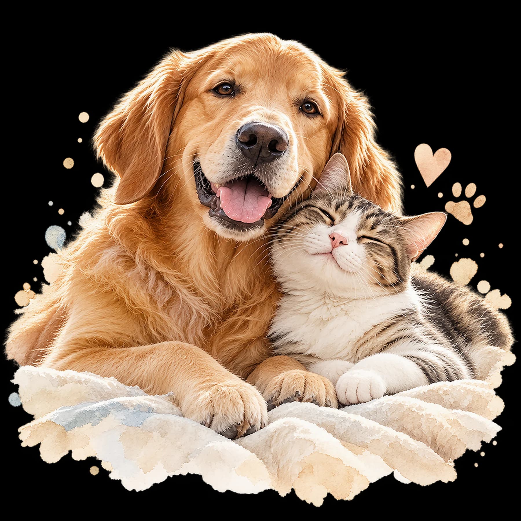 A golden retriever and tabby cat in a warm watercolor portrait