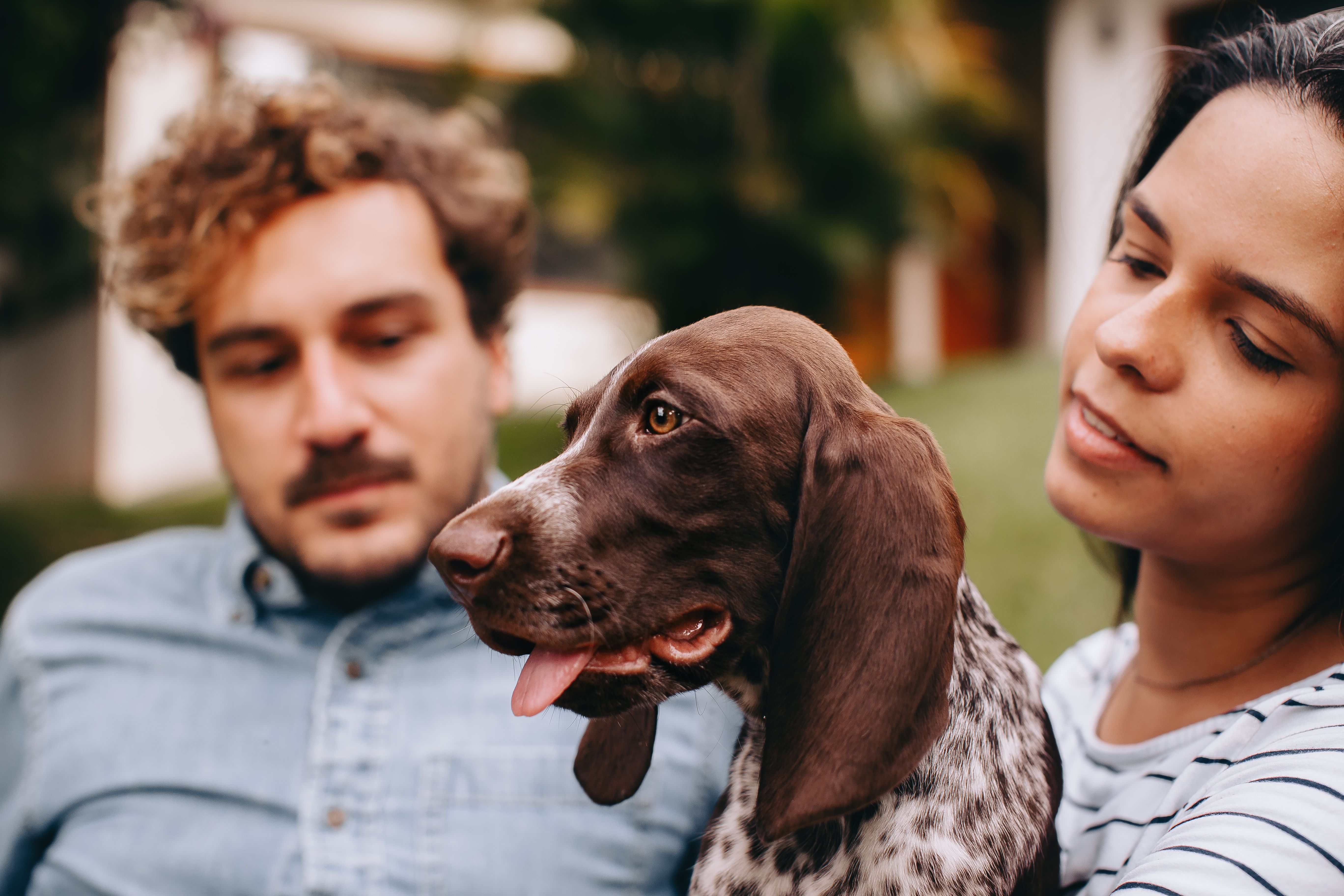 A family sharing a loving moment with their dog