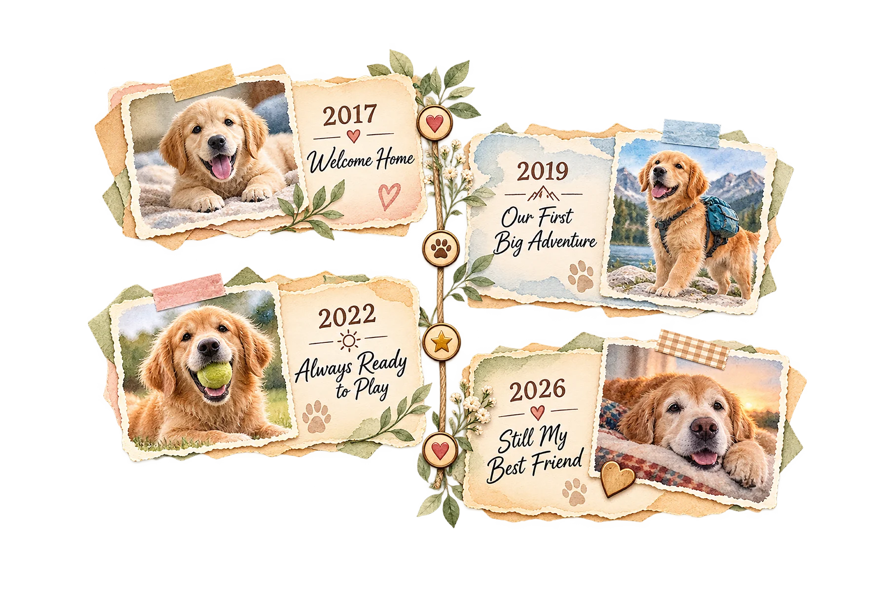 Golden retriever life timeline from puppyhood through adulthood shown in a scrapbook layout