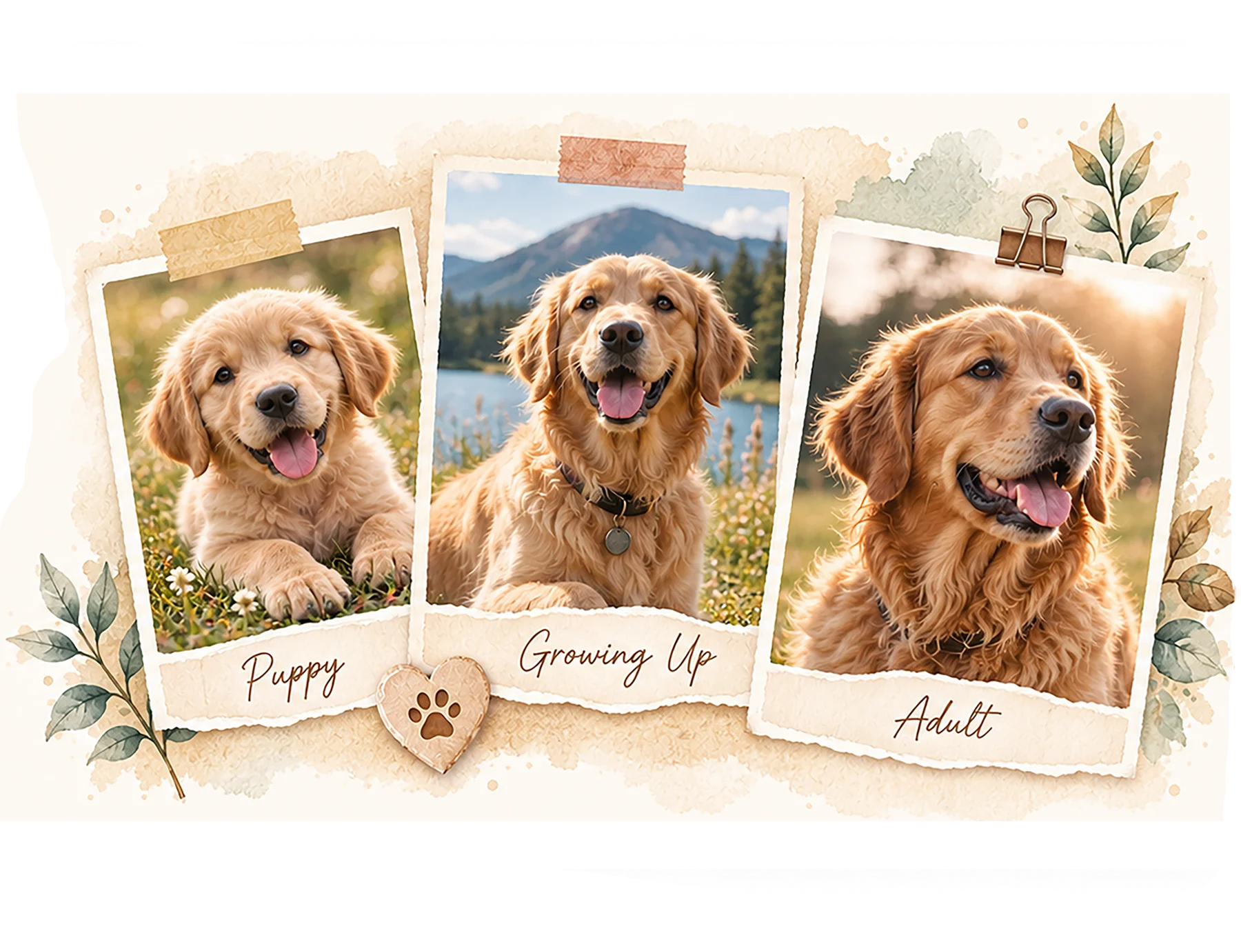 Golden retriever photos showing puppyhood, growing up, and adulthood in a scrapbook collage