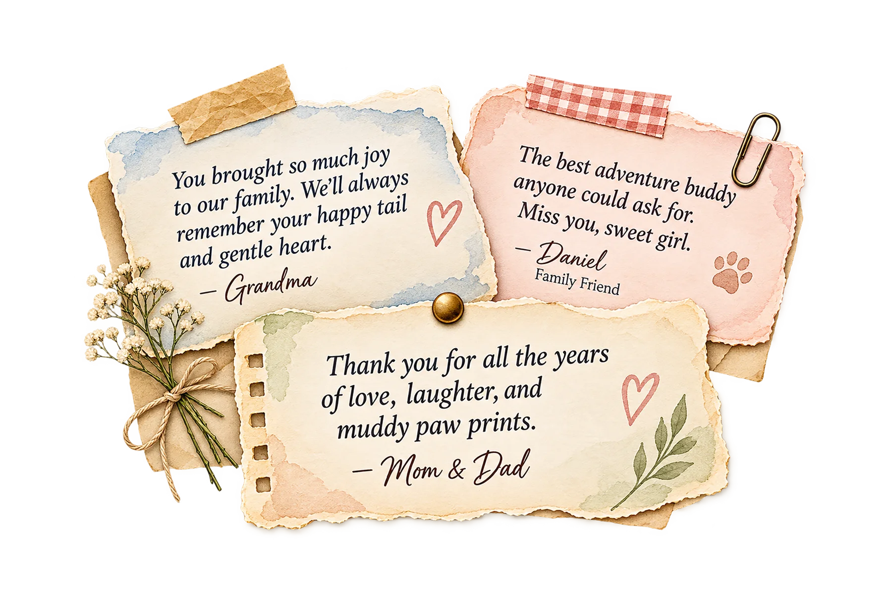 Scrapbook tribute notes with heartfelt messages from family and friends