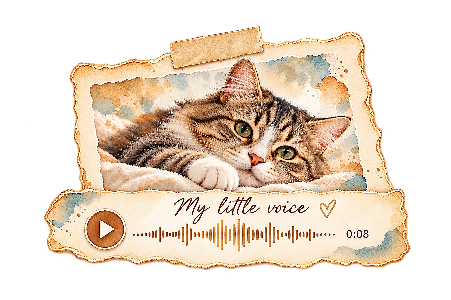 Tabby cat voice memory with an audio waveform and play button
